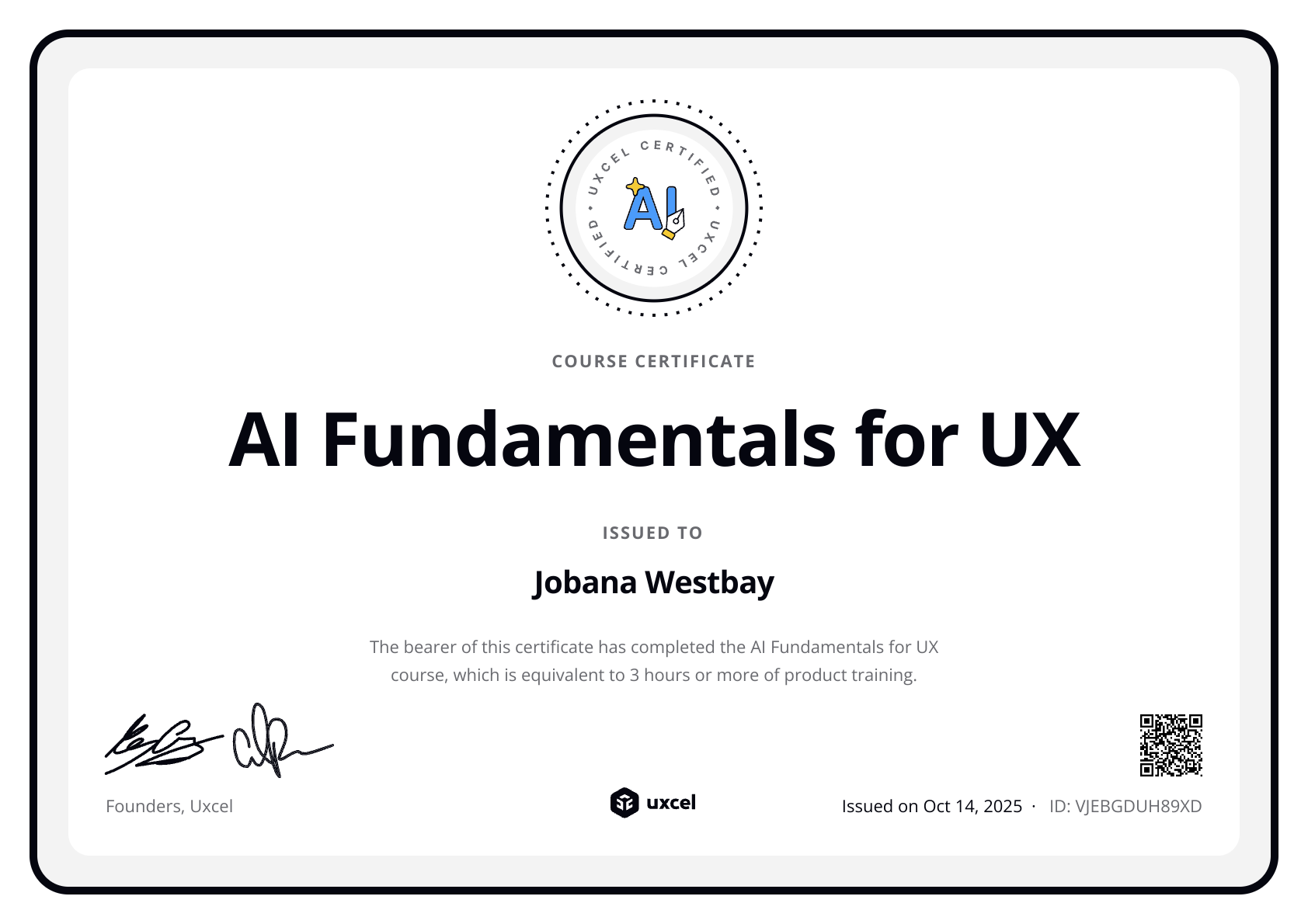 Jobana Westbay's certificate